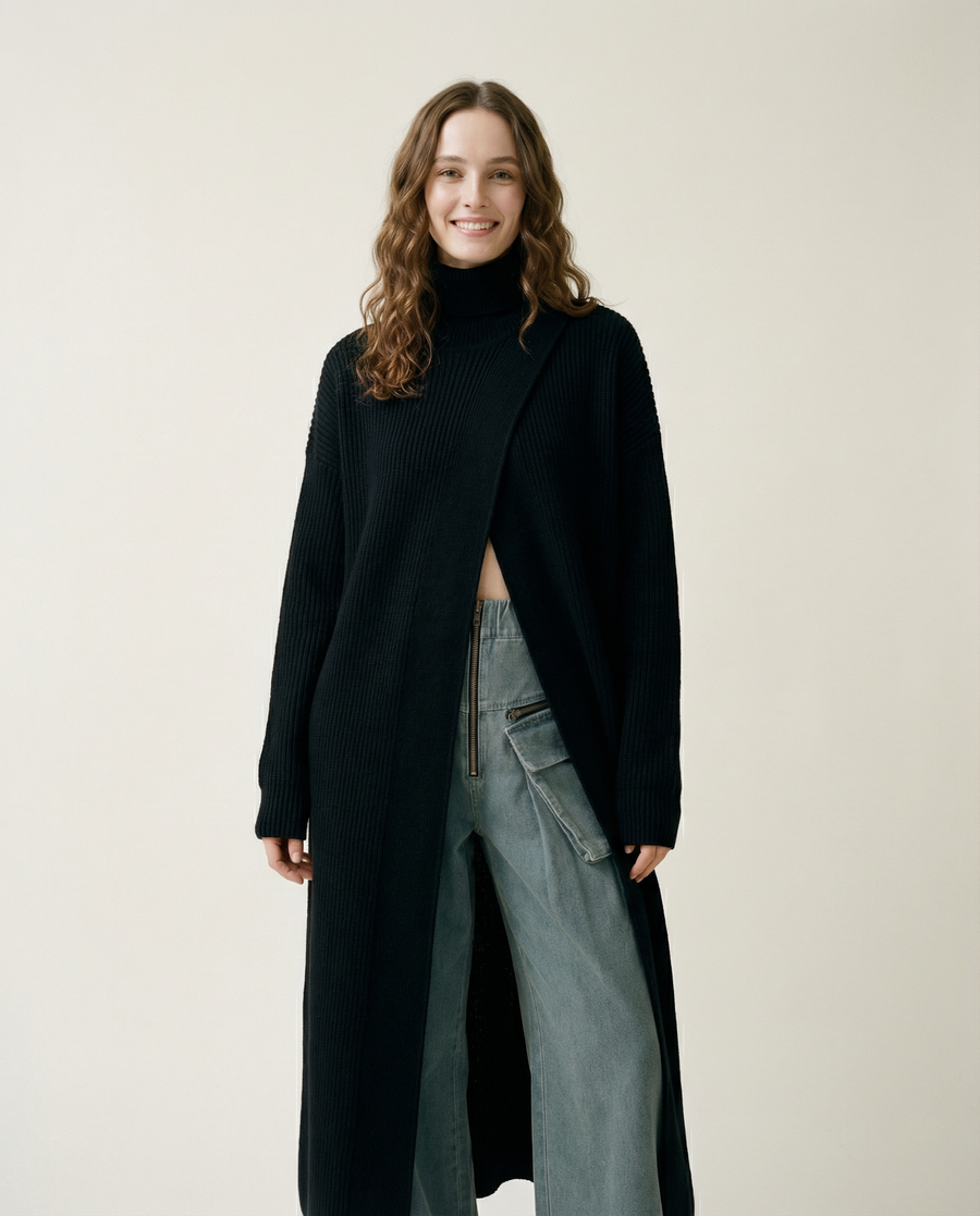 Asymmetrical Split Turtleneck Pullover - Oversized Fit, Cozy Winter Essential-SimpleModerne