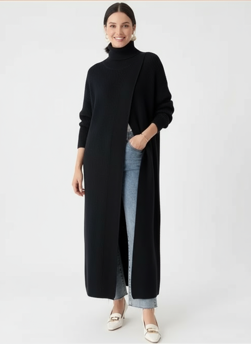 Asymmetrical Split Turtleneck Pullover - Oversized Fit, Cozy Winter Essential-SimpleModerne