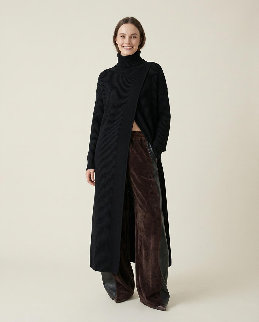 Asymmetrical Split Turtleneck Pullover - Oversized Fit, Cozy Winter Essential-SimpleModerne