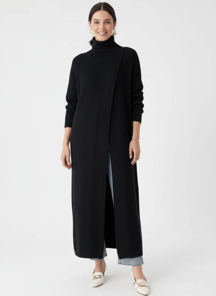 Asymmetrical Split Turtleneck Pullover - Oversized Fit, Cozy Winter Essential-SimpleModerne