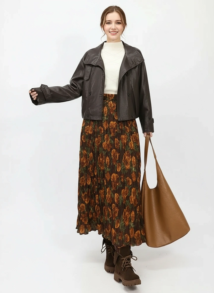 Autumn Rose Pleated Maxi Skirt-SimpleModerne