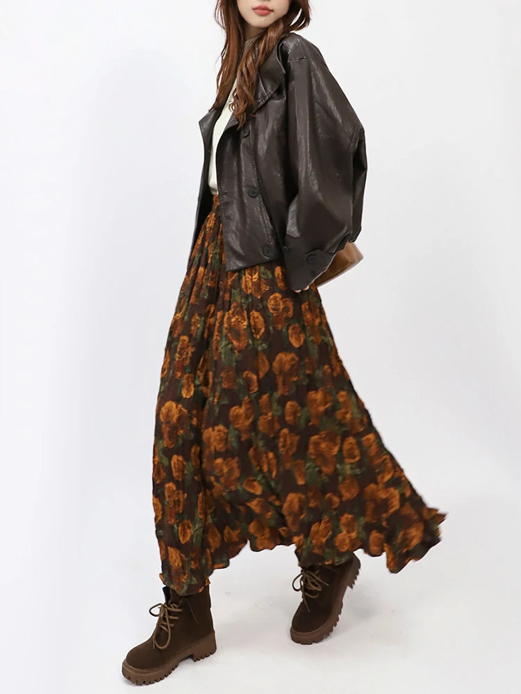 Autumn Rose Pleated Maxi Skirt-SimpleModerne