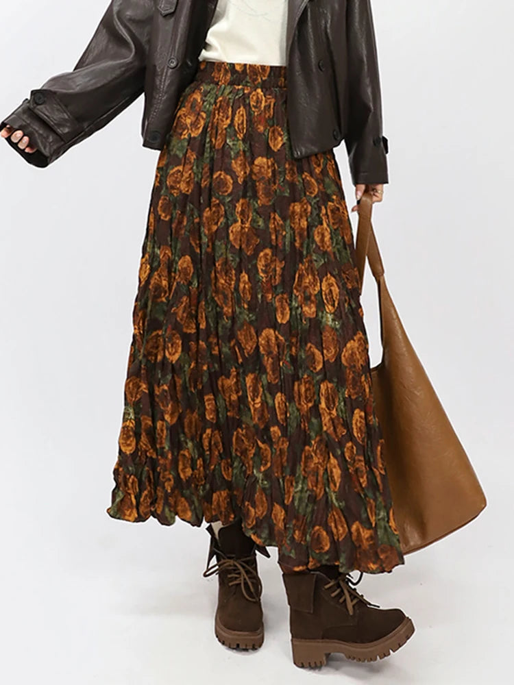 Autumn Rose Pleated Maxi Skirt-SimpleModerne