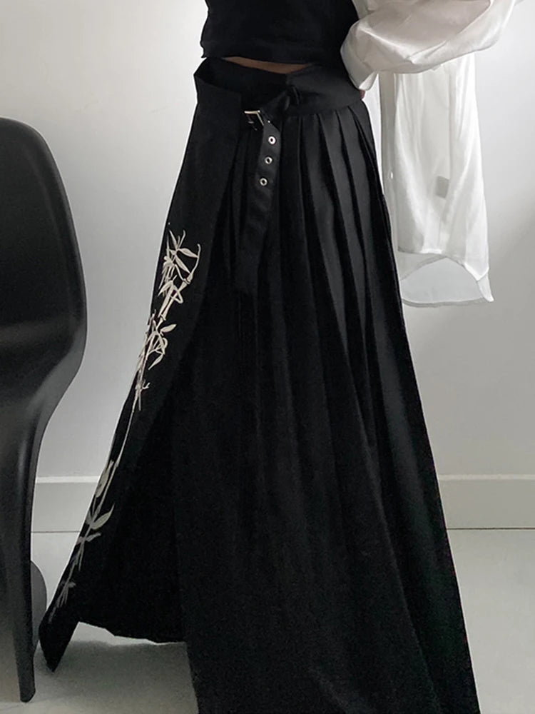 Bamboo Embroidered Gothic Wrap Skirt - Shadow Black-SimpleModerne