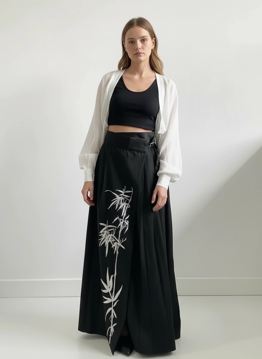 Bamboo Embroidered Gothic Wrap Skirt - Shadow Black-SimpleModerne
