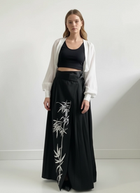 Bamboo Embroidered Gothic Wrap Skirt - Shadow Black-SimpleModerne