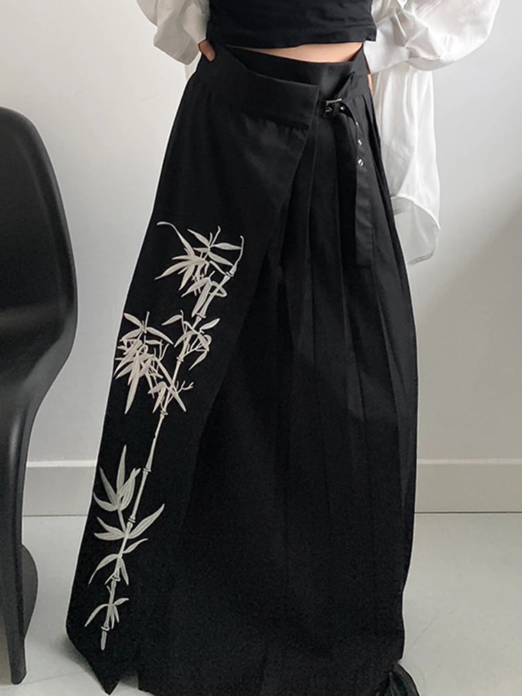 Bamboo Embroidered Gothic Wrap Skirt - Shadow Black-SimpleModerne