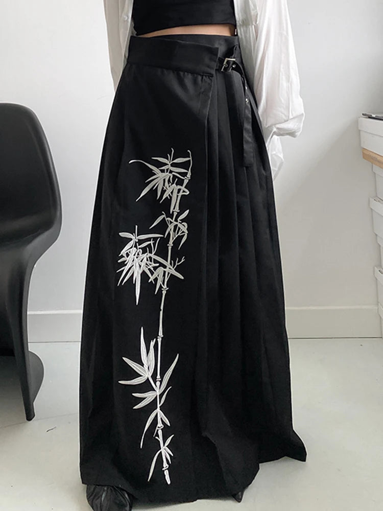 Bamboo Embroidered Gothic Wrap Skirt - Shadow Black-SimpleModerne