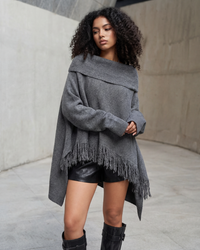 Oversized Fringed Knit Poncho-SimpleModerne