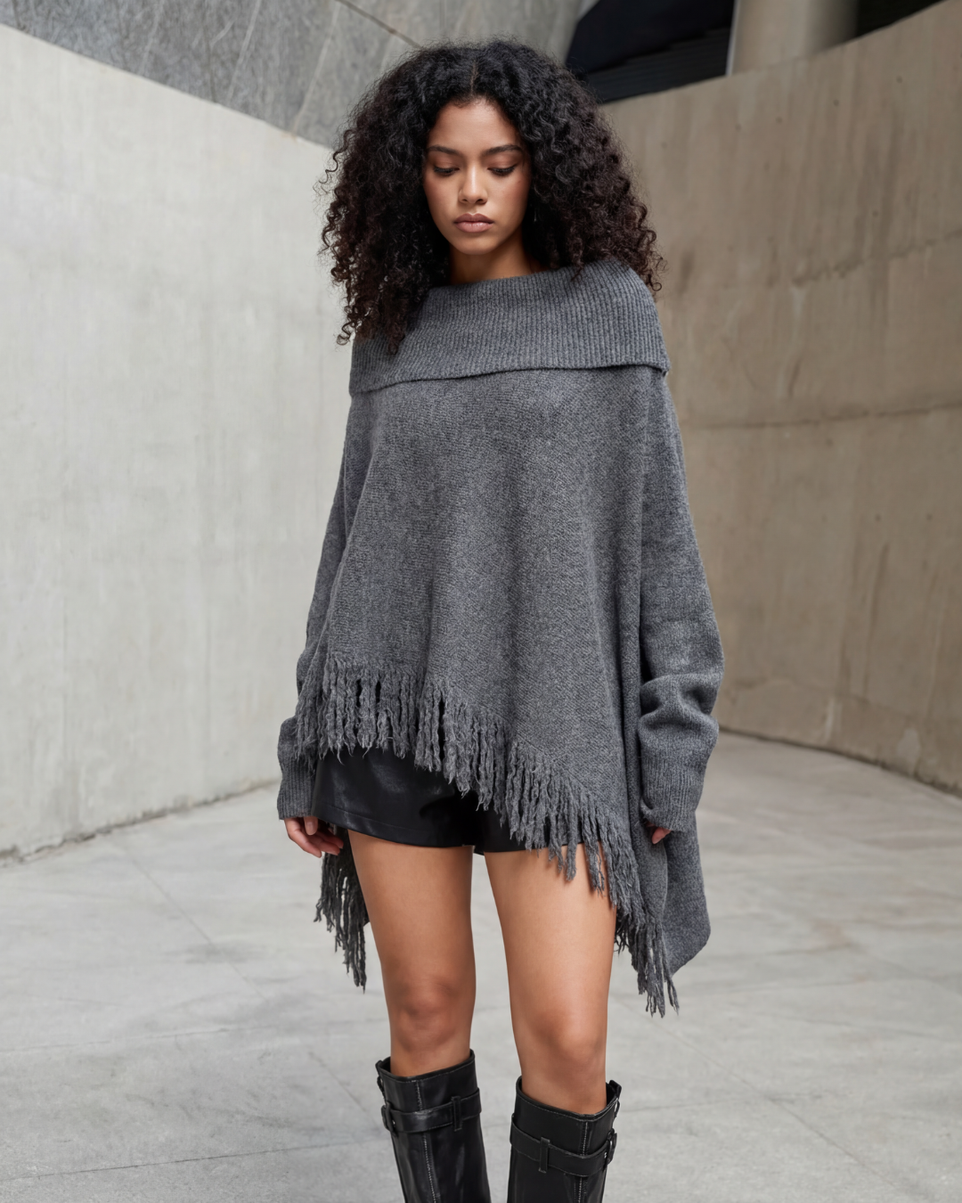 Oversized Fringed Knit Poncho-SimpleModerne