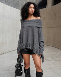 Oversized Fringed Knit Poncho-SimpleModerne