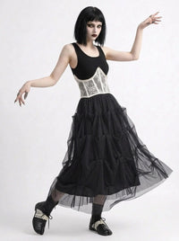 Black Gothic Ruched Tulle Maxi Skirt-SimpleModerne