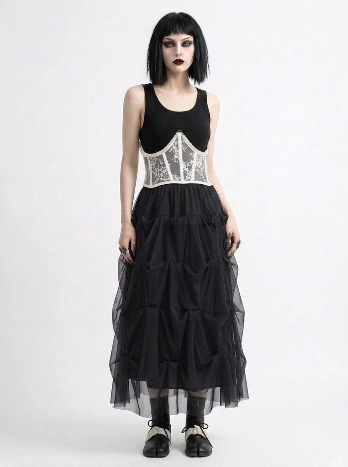 Black Gothic Ruched Tulle Maxi Skirt-SimpleModerne