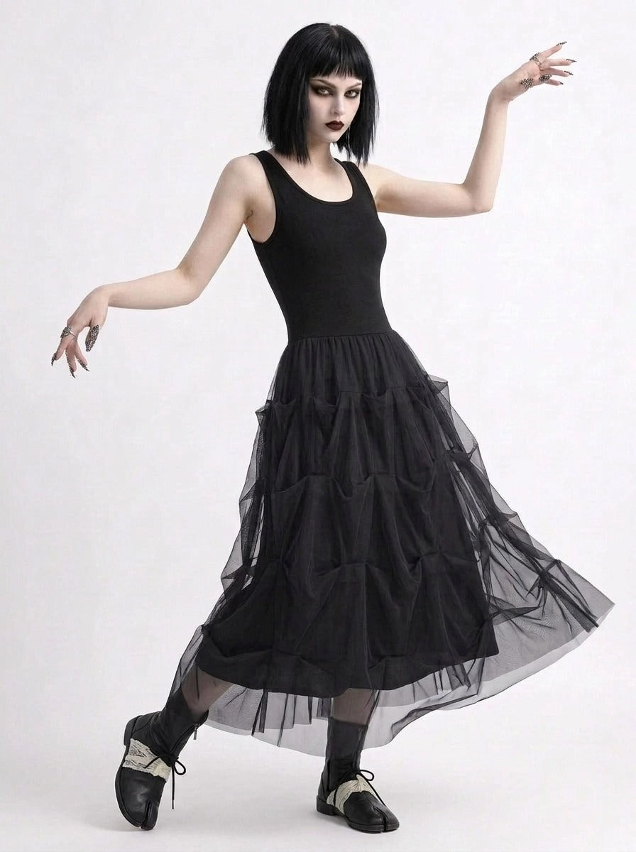 Black Gothic Ruched Tulle Maxi Skirt-SimpleModerne