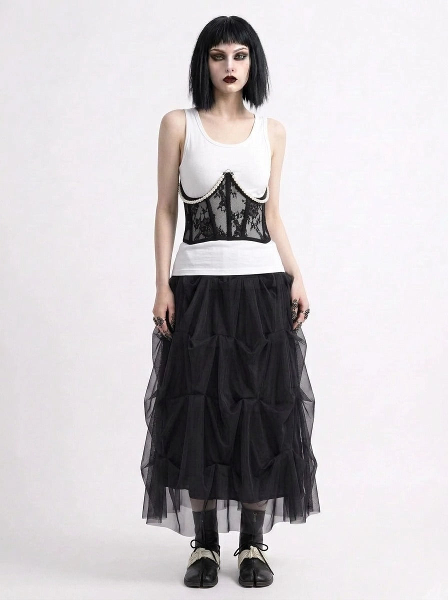 Black Gothic Ruched Tulle Maxi Skirt-SimpleModerne