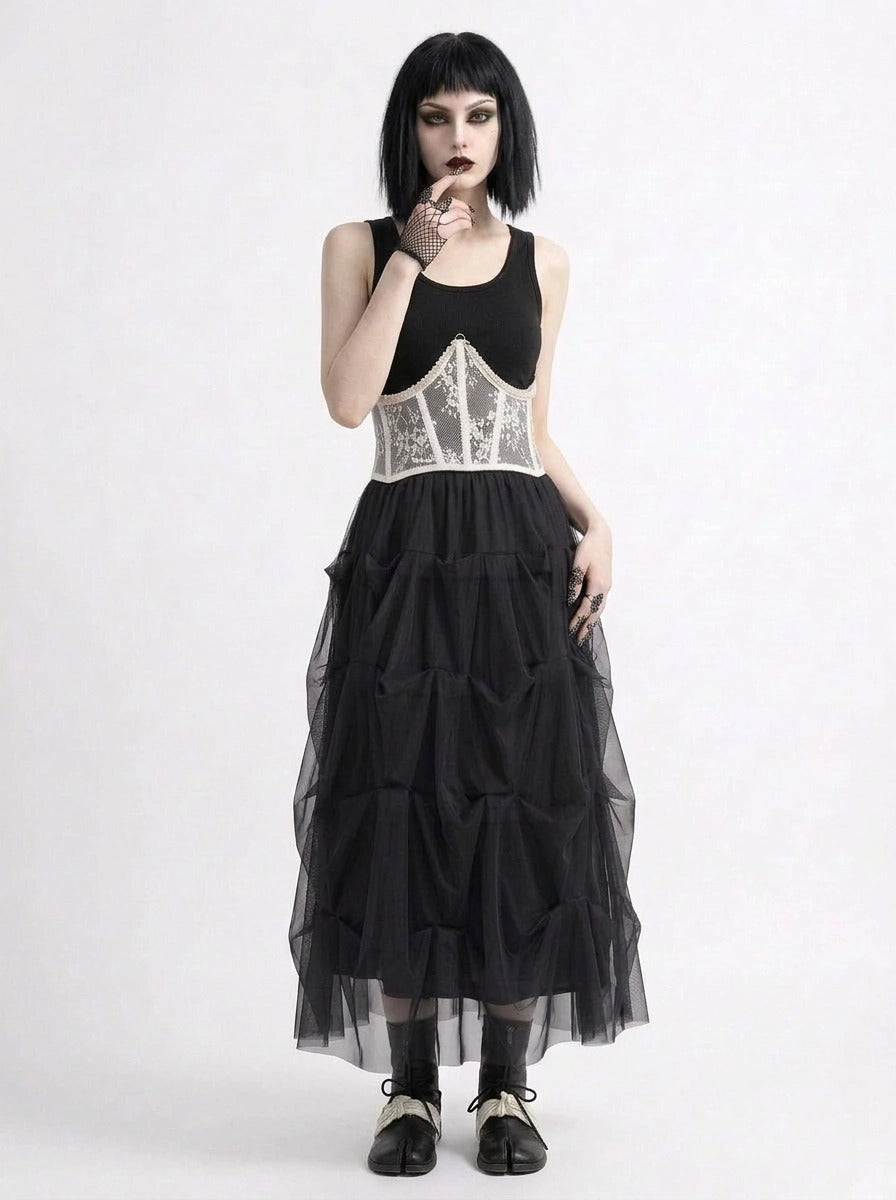 Black Gothic Ruched Tulle Maxi Skirt-SimpleModerne