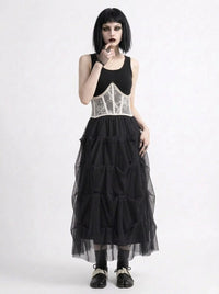 Black Gothic Ruched Tulle Maxi Skirt-SimpleModerne
