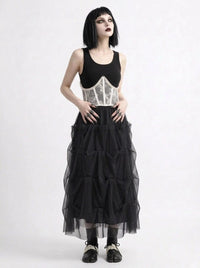 Black Gothic Ruched Tulle Maxi Skirt-SimpleModerne
