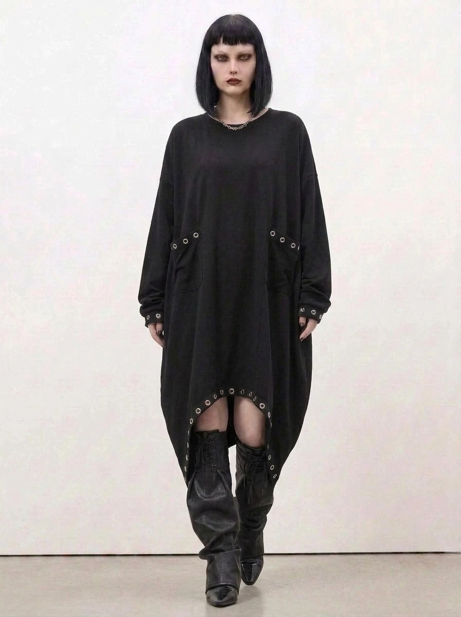 Oversized Rivet-Trim Pullover Dress – Punk-Inspired Cocoon Fit-SimpleModerne