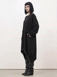 Oversized Rivet-Trim Pullover Dress – Punk-Inspired Cocoon Fit-SimpleModerne