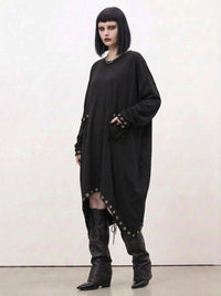 Oversized Rivet-Trim Pullover Dress – Punk-Inspired Cocoon Fit-SimpleModerne