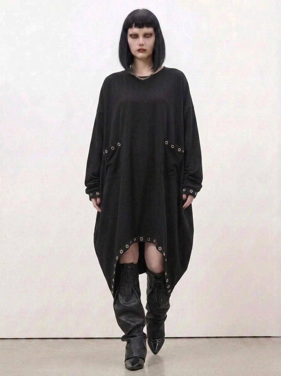 Oversized Rivet-Trim Pullover Dress – Punk-Inspired Cocoon Fit-SimpleModerne