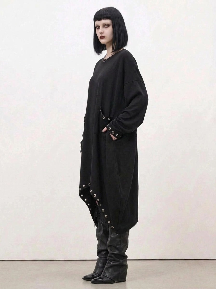 Oversized Rivet-Trim Pullover Dress – Punk-Inspired Cocoon Fit-SimpleModerne