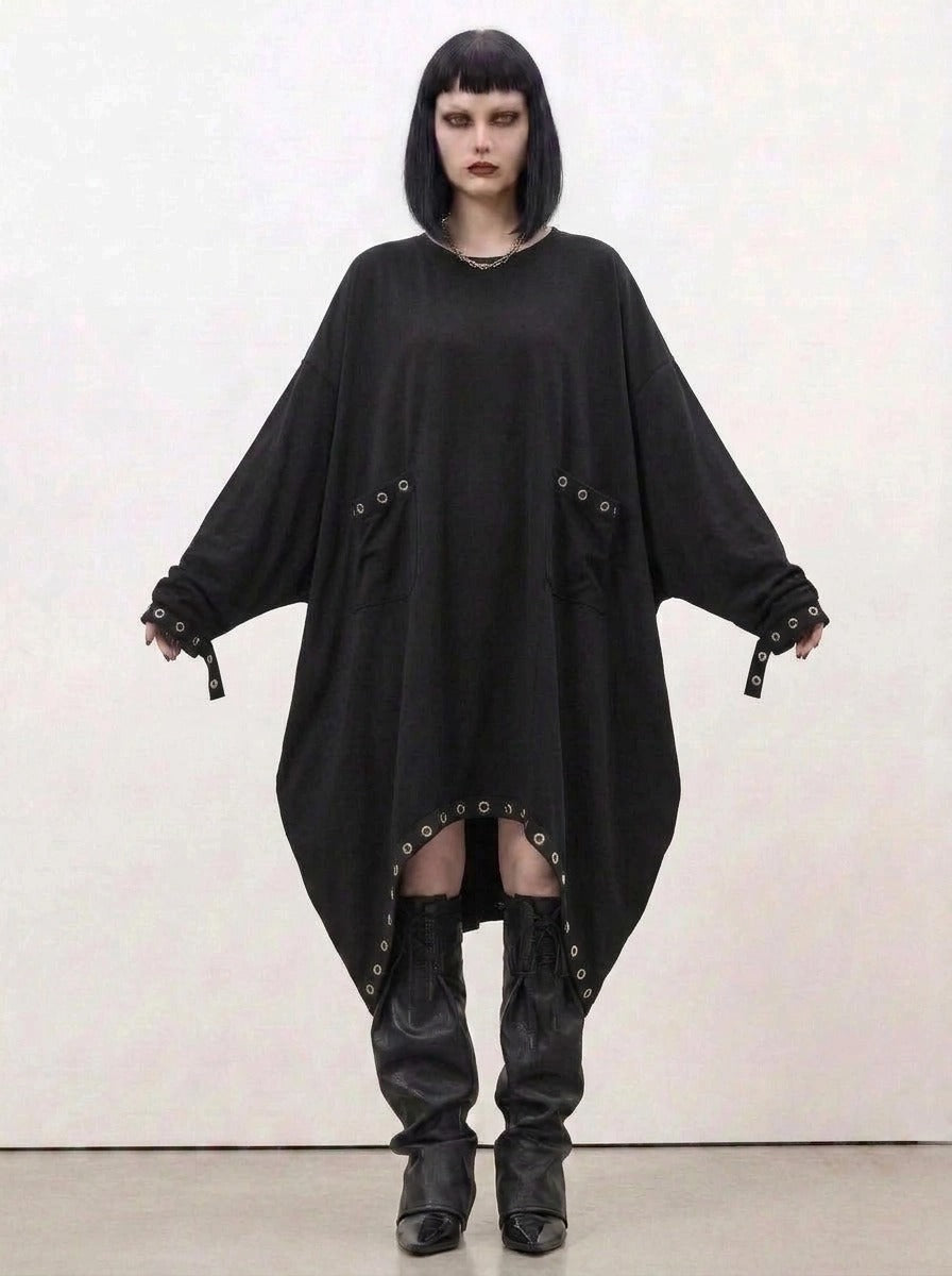 Oversized Rivet-Trim Pullover Dress – Punk-Inspired Cocoon Fit-SimpleModerne