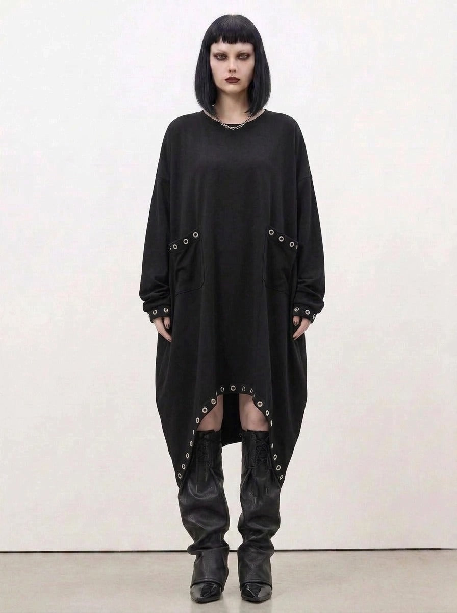Oversized Rivet-Trim Pullover Dress – Punk-Inspired Cocoon Fit-SimpleModerne