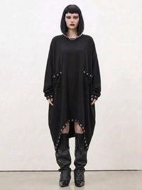 Oversized Rivet-Trim Pullover Dress – Punk-Inspired Cocoon Fit-SimpleModerne