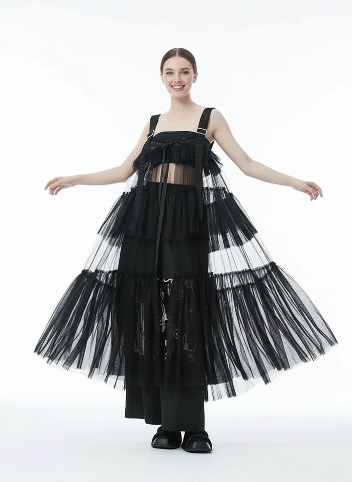 Black Tiered Tulle Pinafore Dress-SimpleModerne