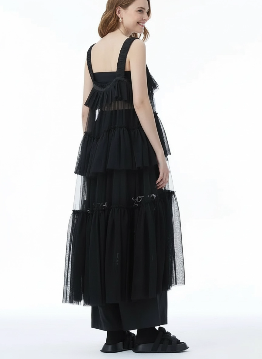 Black Tiered Tulle Pinafore Dress-SimpleModerne