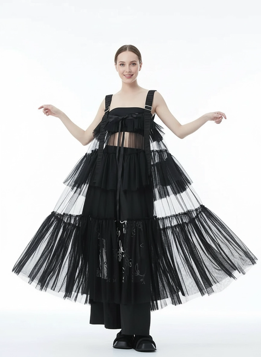 black tiered tulle dress Boho Ballerina - Women's Size XL, Elasticized straps boast sculptural ruffled trim as they support a bodice with a square neckline (with hidden no Black Tulle Tiered Midi Dress