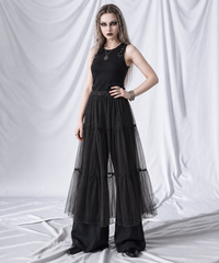 Black sheer three-tier overlay midi skirt on a gothic model in a three-quarter pose.
