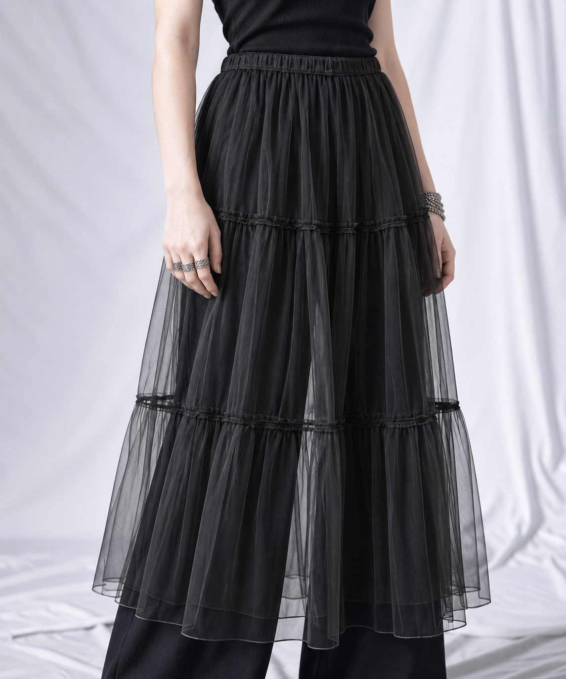 Detail of the black overlay skirt elastic waistband, fine mesh gathers and tier joins.