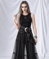 Closer styling view of the black tiered mesh skirt with a black eyelet wrap belt and sculpted silver buckle.