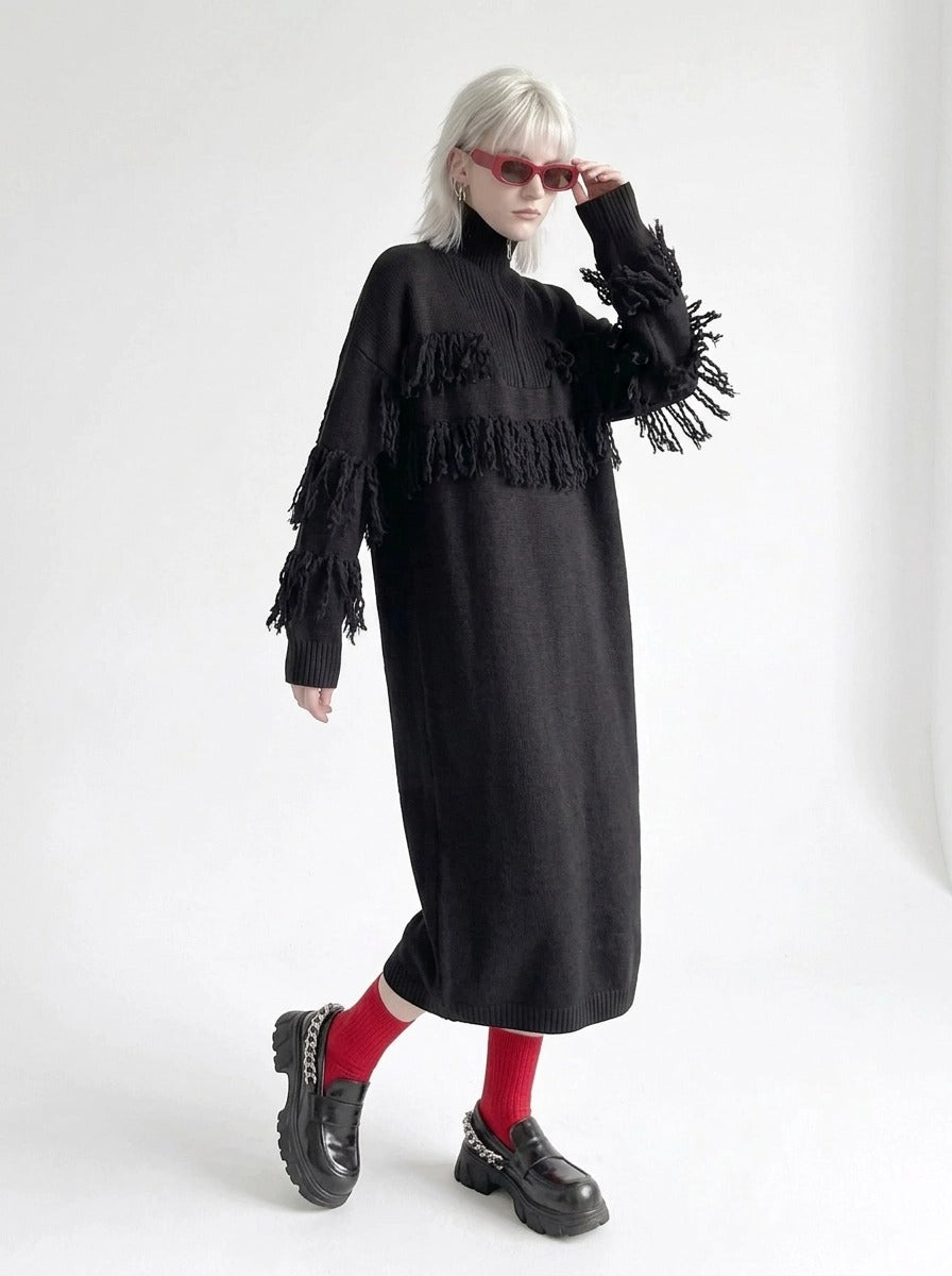 Black Oversized Knitted Turtleneck Pullover Dress-SimpleModerne