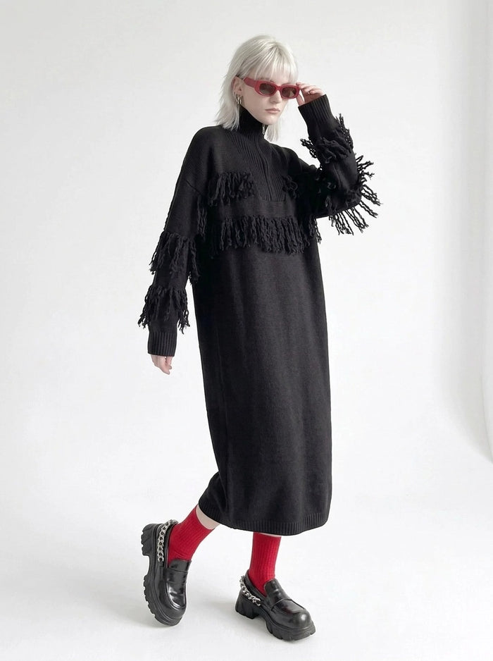 Black Oversized Knitted Turtleneck Pullover Dress-SimpleModerne