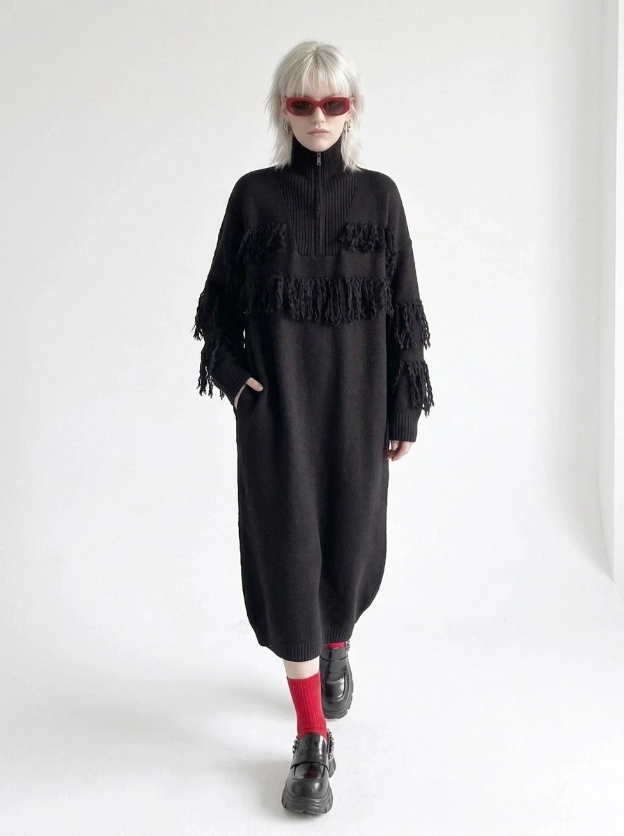 Black Oversized Knitted Turtleneck Pullover Dress-SimpleModerne