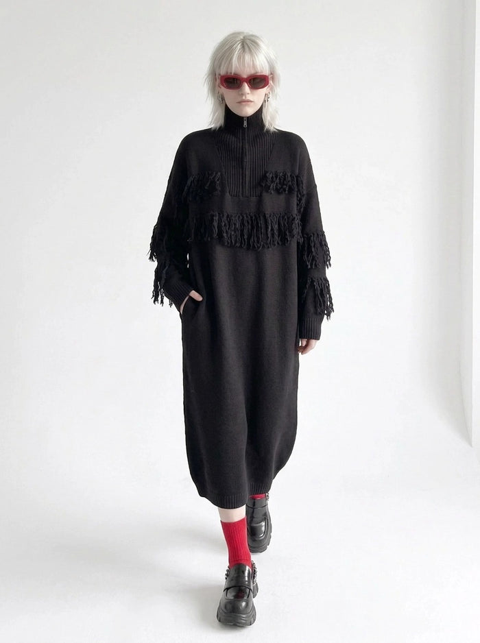 Black Oversized Knitted Turtleneck Pullover Dress-SimpleModerne