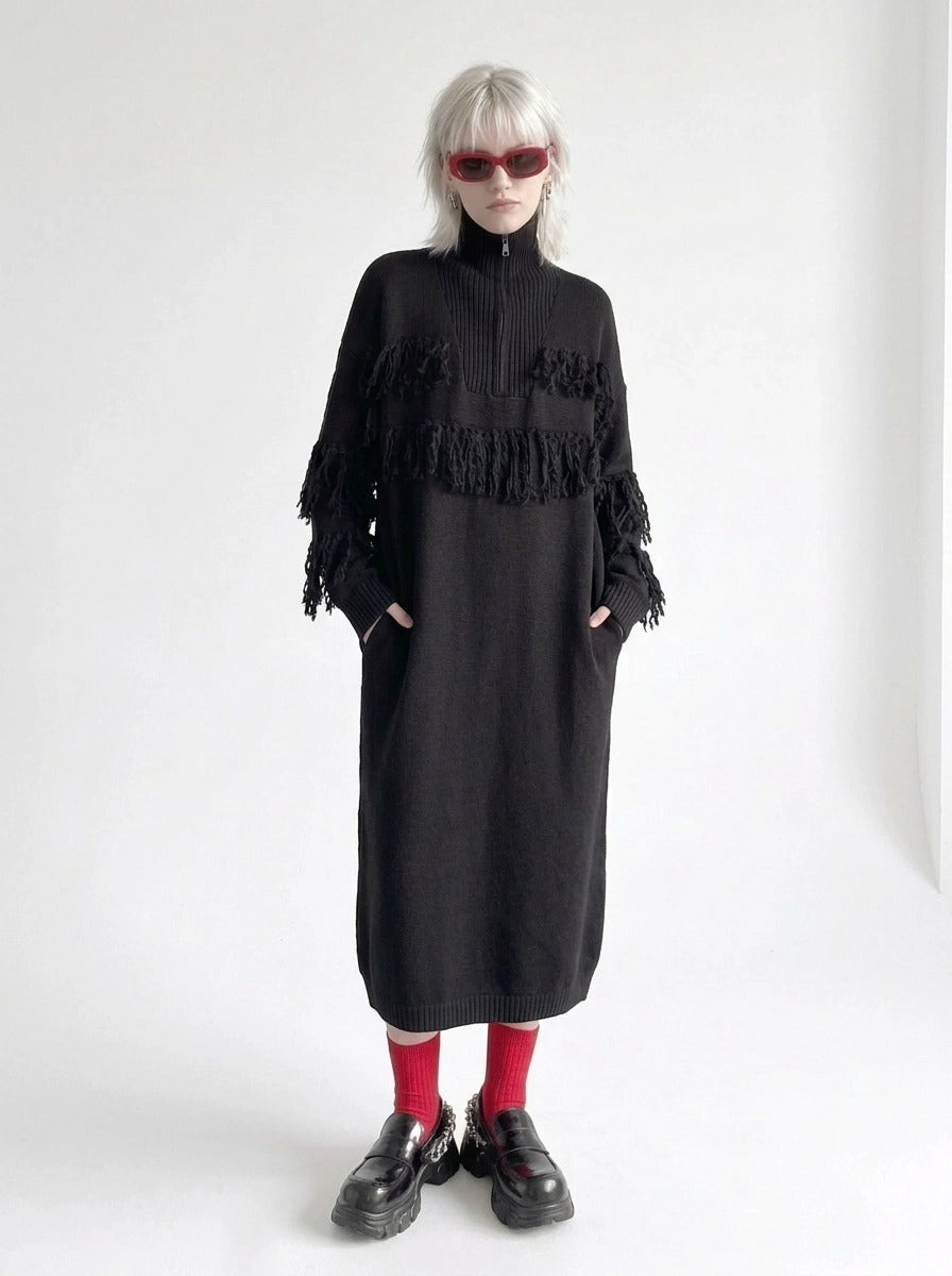 Black Oversized Knitted Turtleneck Pullover Dress-SimpleModerne