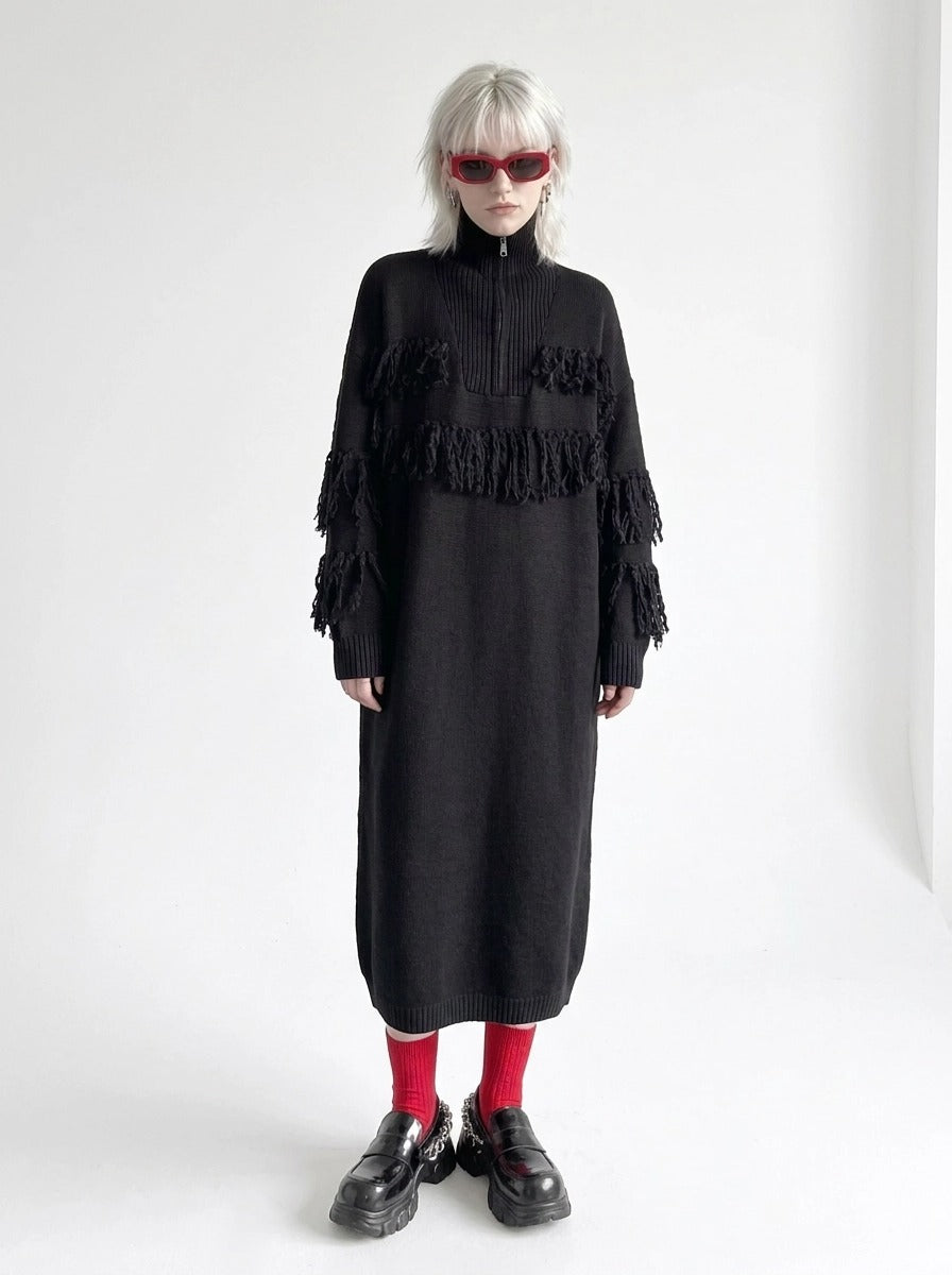Black Oversized Knitted Turtleneck Pullover Dress-SimpleModerne