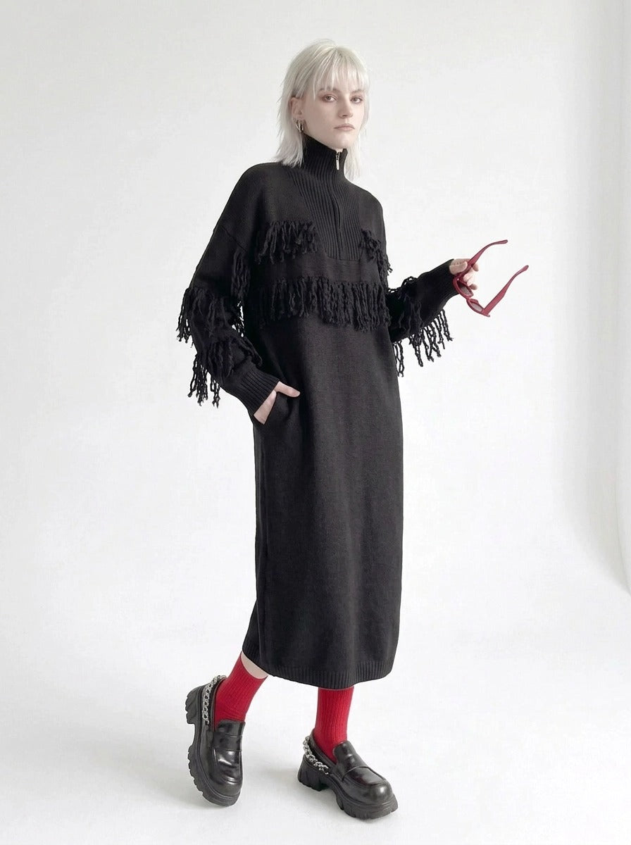 Black Oversized Knitted Turtleneck Pullover Dress-SimpleModerne