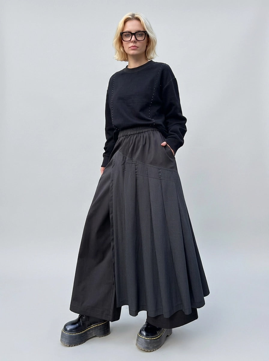 Black Pleated Overlay Trousers | Alternative Wide-Leg Pants