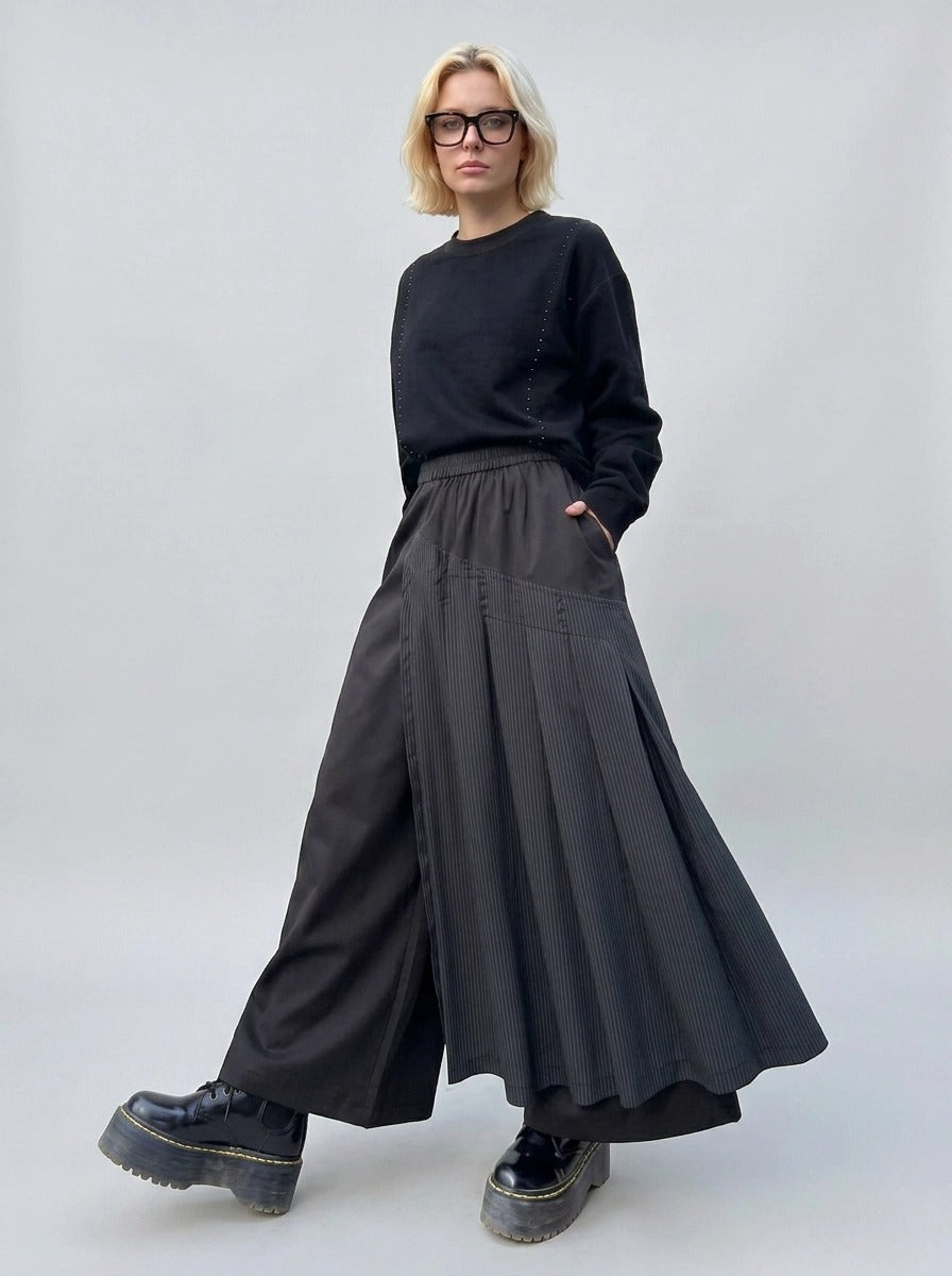 Black Pleated Overlay Trousers | Alternative Wide-Leg Pants
