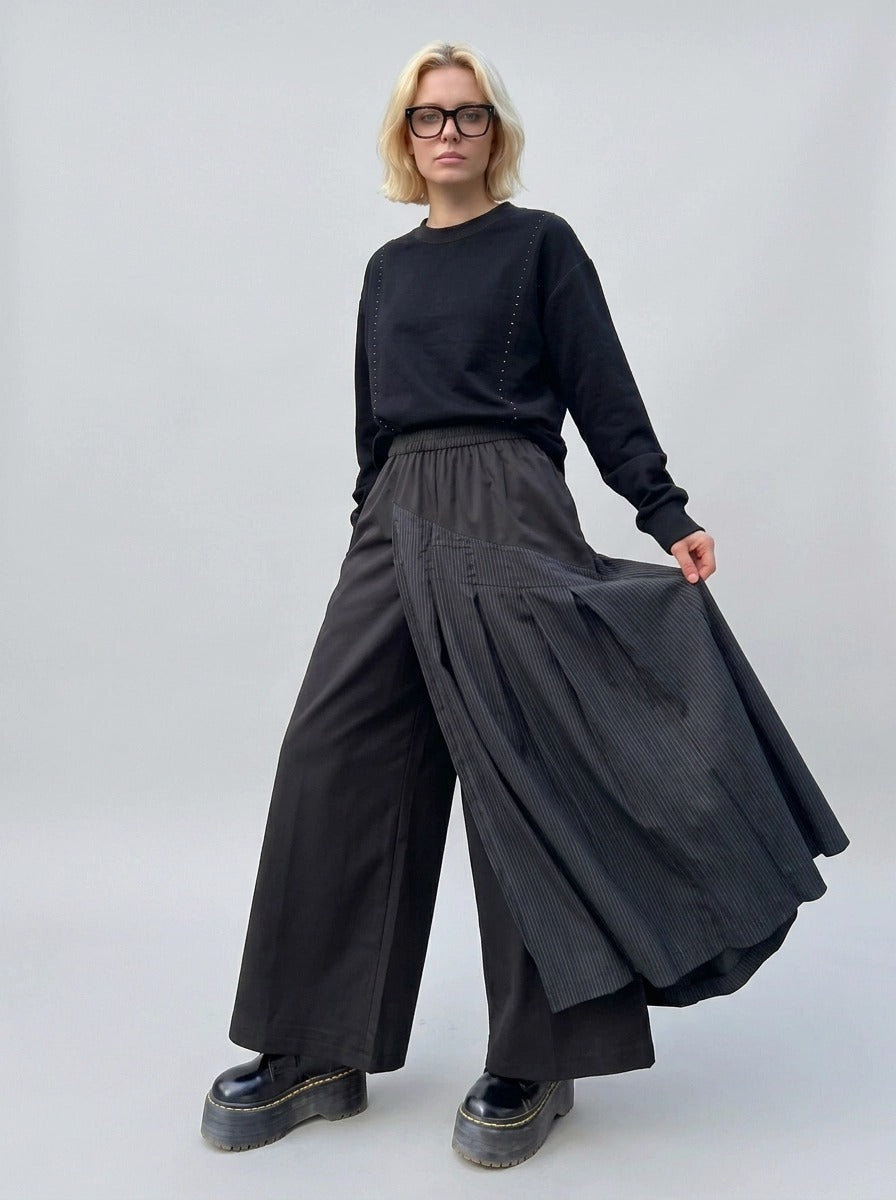 Black Pleated Overlay Trousers | Alternative Wide-Leg Pants