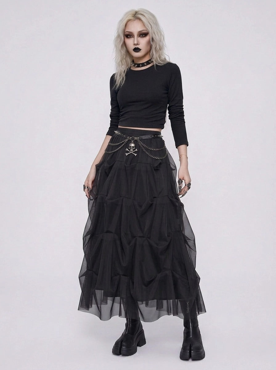 Black Gothic Ruched Tulle Maxi Skirt-SimpleModerne