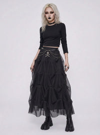 Black Gothic Ruched Tulle Maxi Skirt-SimpleModerne