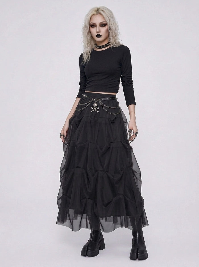 Black Gothic Ruched Tulle Maxi Skirt