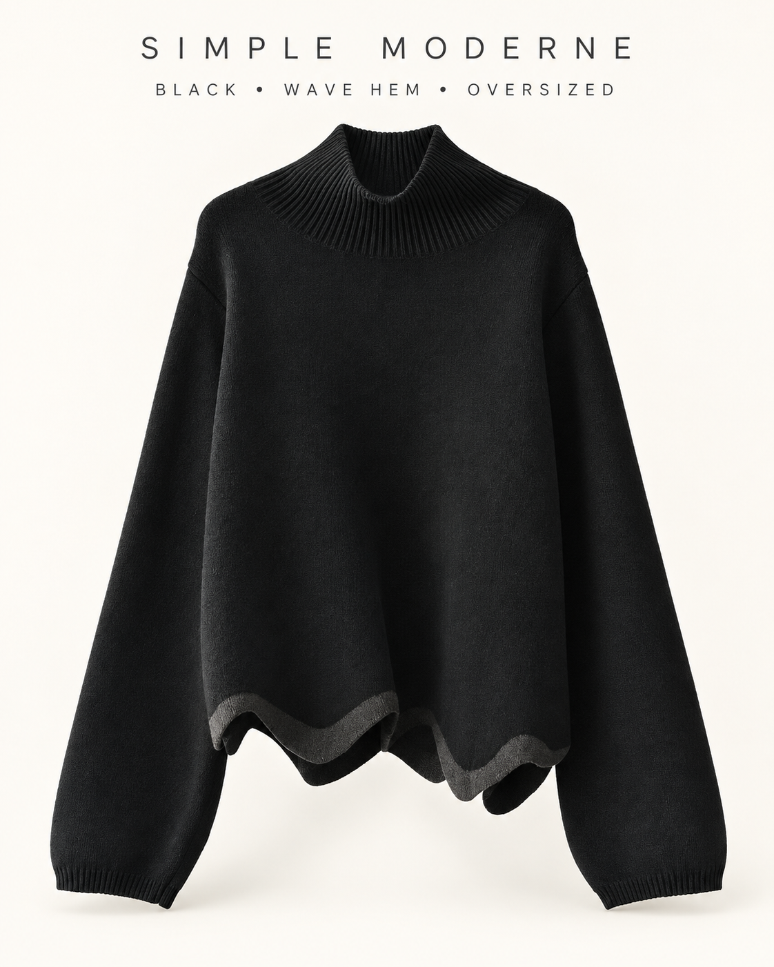 Black Wave Hem Turtleneck Pullover-SimpleModerne